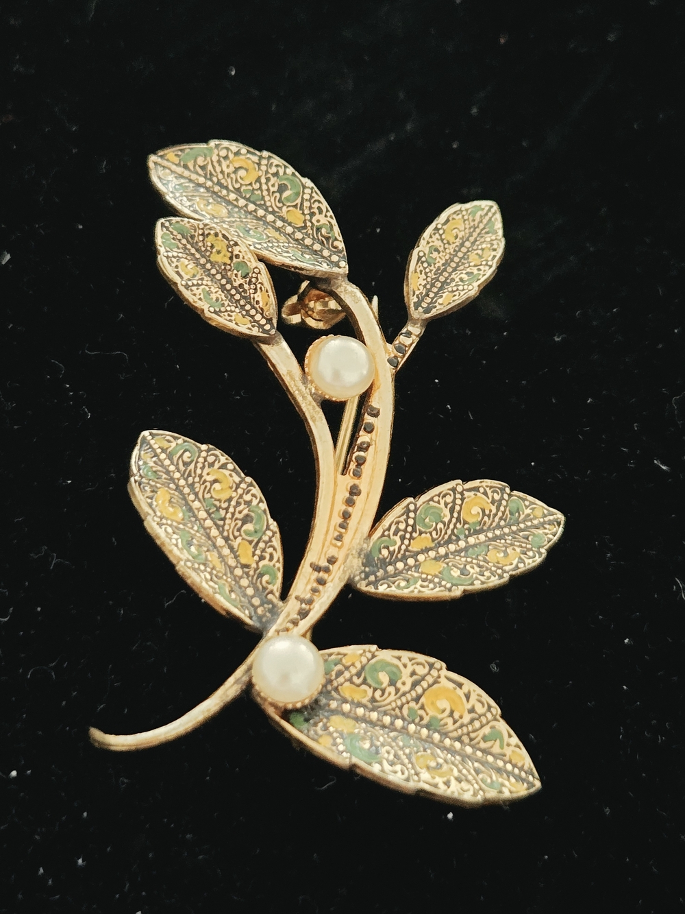 Vintage Damascene  Brooch with Green and Yellow Enamel and Faux Pearls